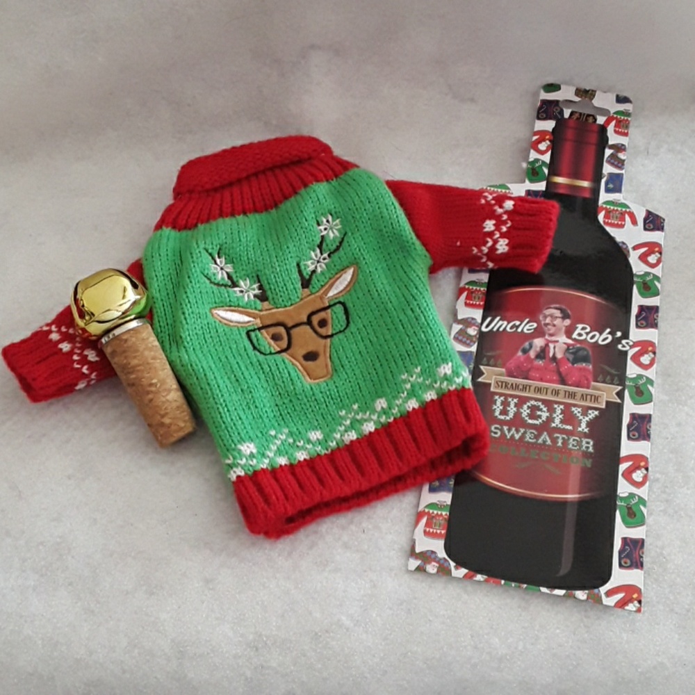 Wine Bottle Ugly Reindeer w/Topper Cork w/Bell NWT